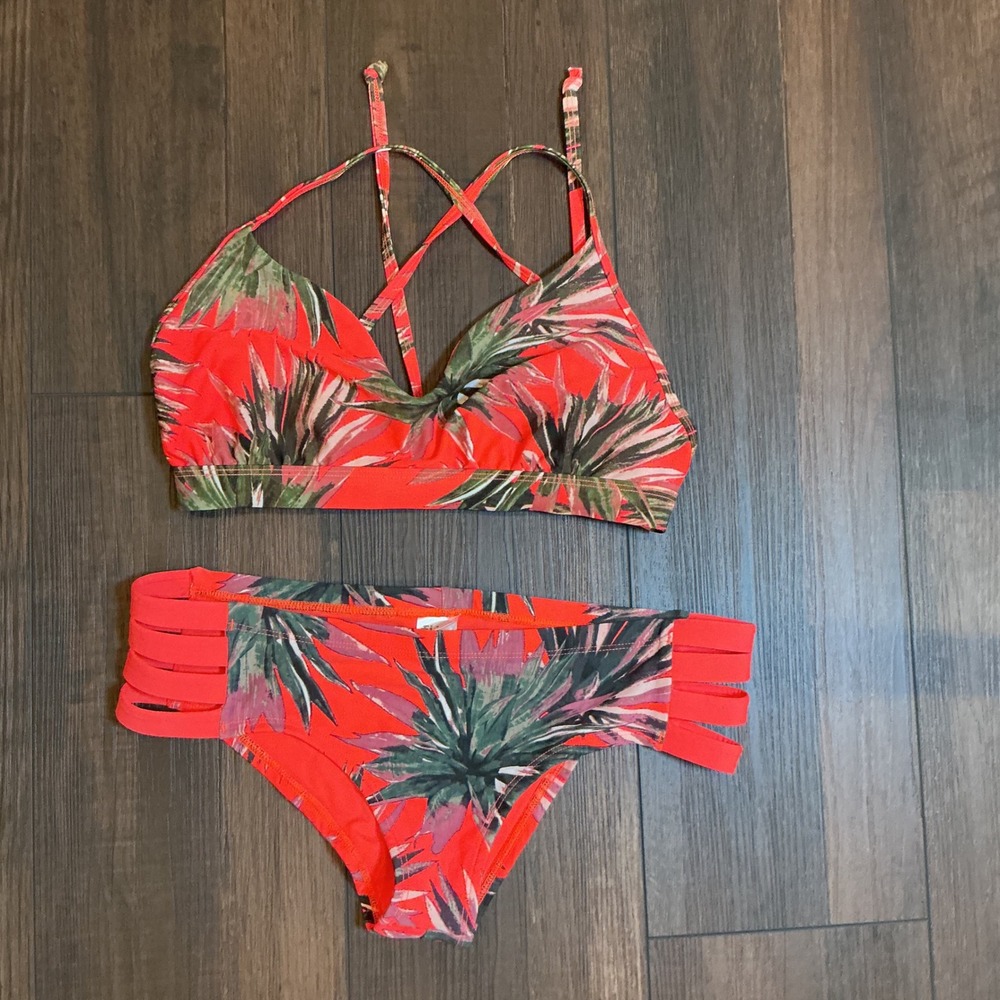 Eidon Bikini Set SD Cup Red Tropical Palm Print Caged Strappy Two Piece Swimsuit